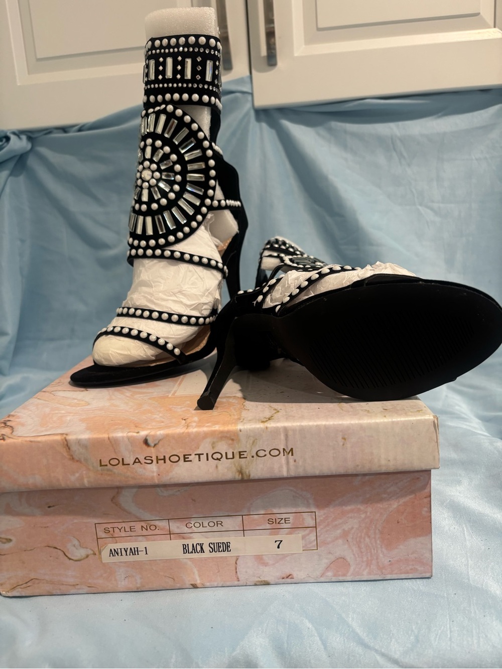 Miss Lola Black Suede Jeweled Ankle-Strap Heels